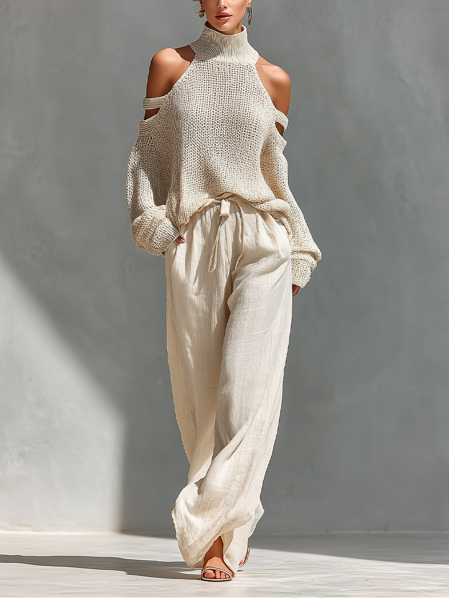 Conjunto Blusa Estampada y Pantalón Beige — Beige