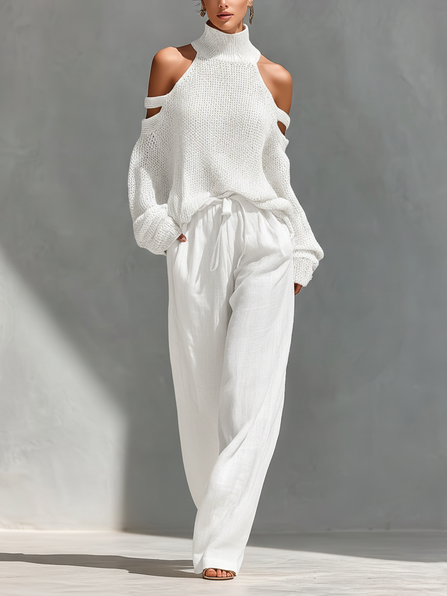 Conjunto Blusa Estampada y Pantalón Beige — Blanco