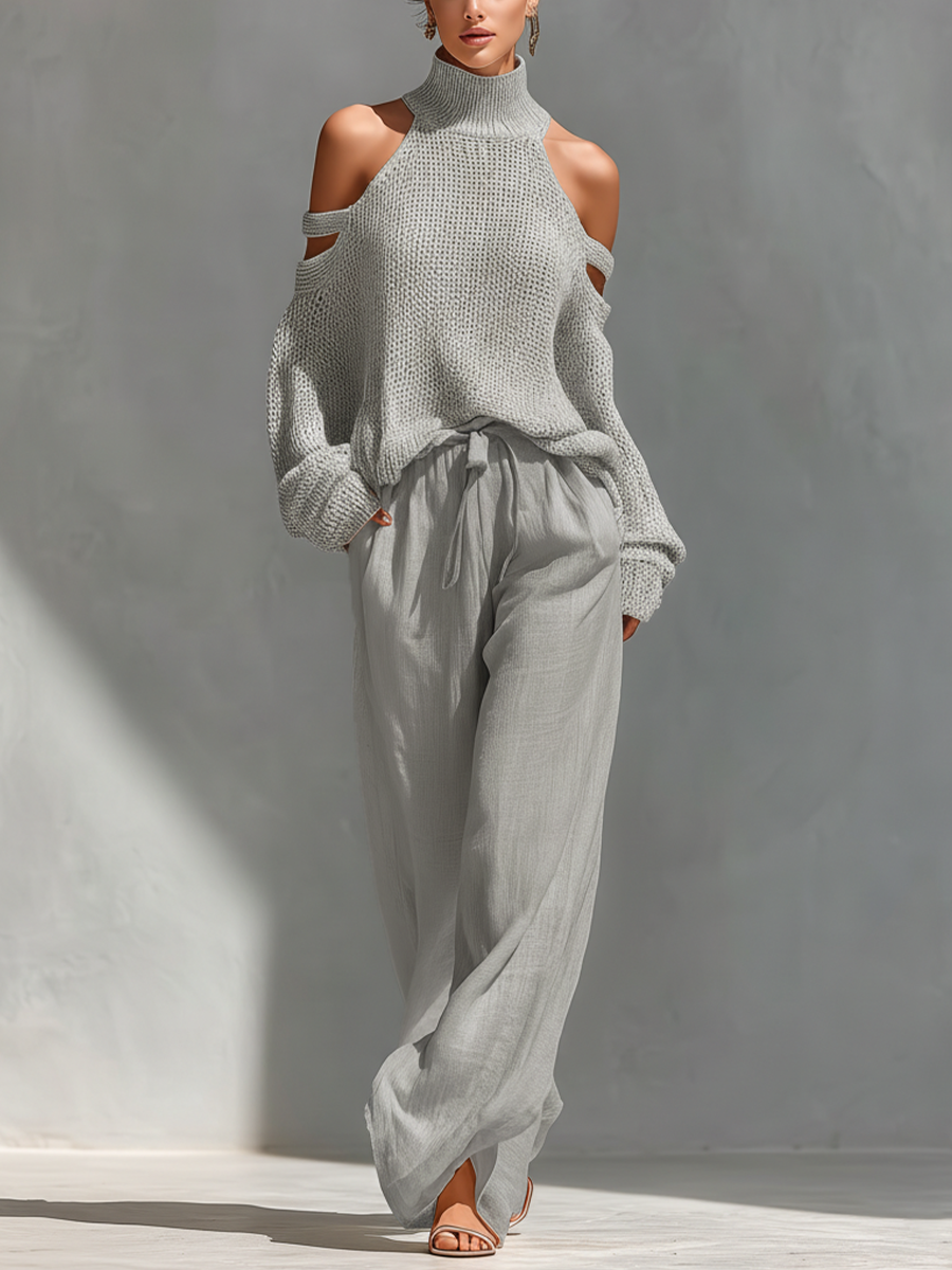 Conjunto Blusa Estampada y Pantalón Beige — Gris