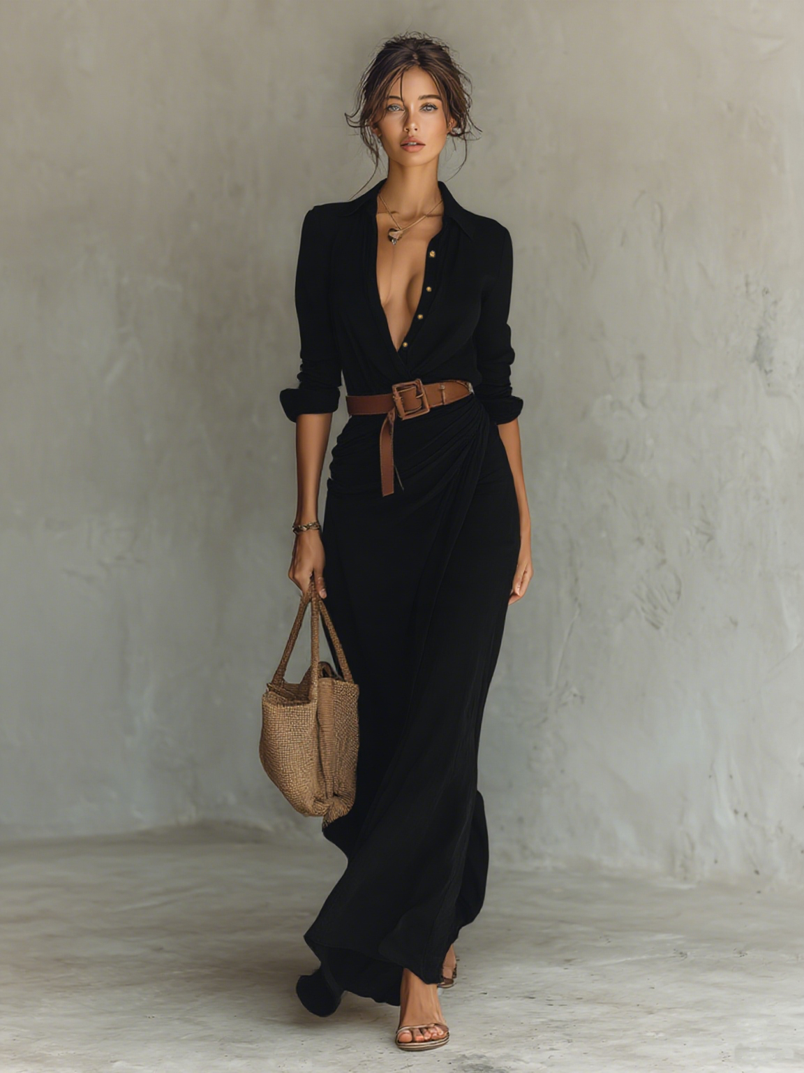 Vestido Camisero Camel con Cinturón — Negro