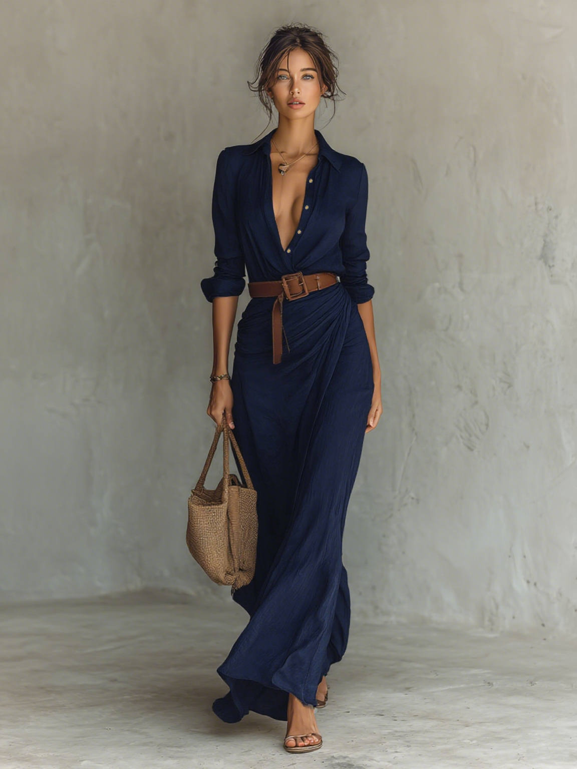 Vestido Camisero Camel con Cinturón — Azul marino